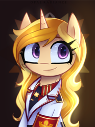 Size: 2003x2696 | Tagged: safe, artist:opal_radiance, imported from derpibooru, oc, oc only, unnamed oc, pony, unicorn, equestria at war mod, clothes, empire, eyebrows, high res, horn, looking at you, military, pax solaris, smiling, smiling at you, solar empire, solo, unicorn oc, uniform, white suit