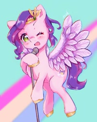 Size: 1069x1337 | Tagged: safe, artist:moh_mlp2, imported from derpibooru, pipp petals, pegasus, pony, adorapipp, cute, female, flying, g5, jewelry, mare, microphone, one eye closed, singing, solo, tiara