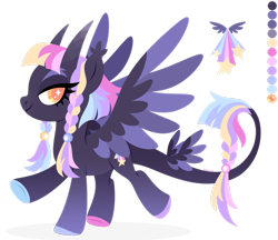 Size: 1920x1660 | Tagged: safe, artist:kabuvee, imported from derpibooru, oc, oc only, pegasus, pony, adoptable, colored hooves, colored horn, colored pupils, colored wings, dark coat, ears up, eyebrows, eyelashes, eyeshadow, feathered wings, female, four wings, fringe, gradient hooves, horn, horns, long horn, long tail, looking back, makeup, mare, multicolored horn, multicolored mane, multiple wings, orange eyes, pegasus oc, pigtails, quadrupedal, scrunchie, short mane, side view, simple background, smiling, solo, stars, tail, tail wings, tassels, thick eyebrows, transparent background, two toned wings, wings