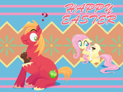 Size: 2880x2160 | Tagged: safe, anonymous artist, imported from derpibooru, angel bunny, big macintosh, fluttershy, earth pony, pegasus, pony, rabbit, series:fm holidays, animal, annoyed, chocolate, chocolate bunny, confused, covered eyes, easter, eating, female, fluttermac, food, frown, happy easter, holiday, lineless, male, mare, no pupils, puffy cheeks, question mark, shipping, sitting, stallion, straight