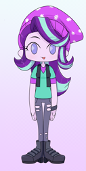 Size: 1031x2023 | Tagged: safe, artist:batipin, imported from derpibooru, starlight glimmer, human, equestria girls, beanie, chibi, female, gradient background, hat, no pupils, open mouth, solo