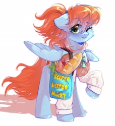 Size: 2222x2436 | Tagged: safe, artist:pledus, derpibooru exclusive, imported from derpibooru, oc, oc only, oc:morning star, pegasus, pony, fallout equestria, apple, bag, bow, bread, carrot, cheese, clothes, female, food, green eyes, looking at you, mare, one eye closed, ponytail, shirt, shopping bag, solo, super duper mart, vest, wink, winking at you