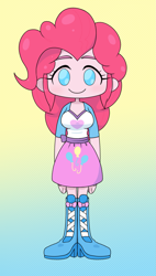 Size: 1143x2018 | Tagged: safe, artist:batipin, imported from derpibooru, pinkie pie, human, equestria girls, breasts, chibi, clothes, female, gradient background, looking at you, no nose, no pupils, shoes, simple background, solo