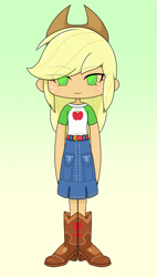 Size: 1143x2018 | Tagged: safe, artist:batipin, imported from derpibooru, applejack, human, equestria girls, chibi, eye clipping through hair, eyebrows, eyebrows visible through hair, female, gradient background, looking at you, no nose, no pupils, simple background, solo