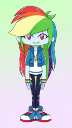 Size: 1143x2018 | Tagged: safe, artist:batipin, imported from derpibooru, rainbow dash, human, equestria girls, chibi, converse, female, gradient background, looking at you, no nose, no pupils, shoes, solo