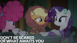 Size: 2000x1125 | Tagged: safe, edit, edited screencap, editor:quoterific, imported from derpibooru, screencap, applejack, pinkie pie, rarity, earth pony, mermaid, pony, unicorn, scare master, animal costume, applelion, clothes, costume, cup, female, mare, mermarity, nightmare night costume, pinkie puffs, smiling, teacup, trio, trio female