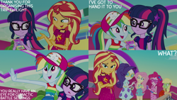 Size: 2000x1125 | Tagged: safe, edit, edited screencap, editor:quoterific, imported from derpibooru, screencap, applejack, fluttershy, pinkie pie, rainbow dash, rarity, sci-twi, sunset shimmer, twilight sparkle, human, equestria girls, equestria girls series, spring breakdown, spoiler:eqg series (season 2), confused, crossed arms, drink, female, glasses, green face, gritted teeth, humane five, humane seven, humane six, open mouth, open smile, seasickness, smiling, sunset shimmer is not amused, teeth, unamused