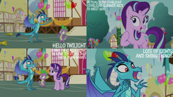 Size: 2000x1125 | Tagged: safe, edit, edited screencap, editor:quoterific, imported from derpibooru, screencap, princess ember, spike, starlight glimmer, dragon, pony, unicorn, triple threat, balloon, cute, dragoness, emberbetes, female, frown, greeting, grin, hello, implied twilight sparkle, male, mare, mistaken identity, musical instrument, nervous, nervous grin, open mouth, open smile, ponyville, ponyville town hall, smiling, trio, trumpet