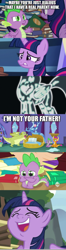 Size: 488x1844 | Tagged: safe, edit, edited screencap, imported from derpibooru, screencap, spike, twilight sparkle, alicorn, dragon, pony, dragon quest, father knows beast, book, caption, comic, crying, female, golden oaks library, image macro, laughing, screencap comic, sludge (g4), text, twilight sparkle (alicorn), twilight's castle, winged spike, wings