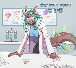 Size: 3070x2709 | Tagged: safe, artist:djkaskan, imported from derpibooru, oc, oc only, anthro, sea pony, unicorn, breasts, clothes, curved horn, female, goggles, horn, joke, lab coat, science, scientist, solo, test tube, vein bulge