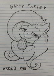 Size: 1105x1546 | Tagged: safe, artist:whiskeypanda, imported from derpibooru, fluttershy, pegasus, pony, bust, doodle, easter, easter egg, egg, female, holiday, ink drawing, lined paper, looking at you, smug, text, traditional art