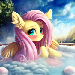 Size: 2048x2048 | Tagged: safe, derpibooru exclusive, imported from derpibooru, fluttershy, pegasus, pony, ai content, ai generated, bath, cute, female, generator:purplesmart.ai, generator:stable diffusion, prompter:avalaz6214, shyabetes, solo
