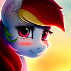 Size: 2048x2048 | Tagged: safe, derpibooru exclusive, imported from derpibooru, rainbow dash, pony, ai content, ai generated, blushing, female, generator:purplesmart.ai, generator:stable diffusion, prompter:avalaz6214, smiling, solo