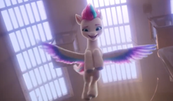 Size: 700x411 | Tagged: safe, imported from derpibooru, screencap, zipp storm, pegasus, pony, spoiler:my little pony: a new generation, adorazipp, balcony, ceiling, colored hooves, colored wings, cute, female, flying, from below, g5, gliding, looking at you, looking down, looking down at you, mare, my little pony: a new generation, open mouth, smiling, solo, spread wings, white coat, window, wings