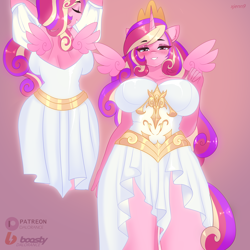Size: 3000x3000 | Tagged: safe, artist:xjenn9, imported from derpibooru, princess cadance, alicorn, anthro, big breasts, blushing, breasts, busty princess cadance, clothes, dress, female, floating wings, heart, heart eyes, horn, huge breasts, looking at you, milf, solo, wingding eyes, wings