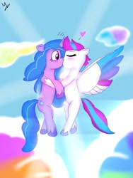 Size: 960x1280 | Tagged: safe, artist:madelmena, imported from derpibooru, izzy moonbow, zipp storm, pegasus, pony, unicorn, blushing, cloud, colored wings, duo, eyes closed, female, floating heart, flying, g5, heart, izzyzipp, kiss on the lips, kissing, lesbian, mare, multicolored mane, multicolored wings, shipping, spread wings, surprised, unshorn fetlocks, wings
