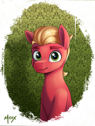 Size: 3000x4000 | Tagged: safe, artist:supermoix, imported from derpibooru, sprout cloverleaf, earth pony, pony, blonde, blonde hair, blonde mane, bust, cute, eyebrows, g5, green background, green eyes, looking at you, male, my little pony: a new generation, patterned background, portrait, red coat, shadow, simple background, smiling, smiling at you, solo, sproutbetes, stallion