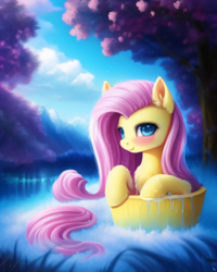 Size: 2048x2560 | Tagged: safe, derpibooru exclusive, imported from derpibooru, fluttershy, pony, ai content, ai generated, bath, cute, female, generator:purplesmart.ai, generator:stable diffusion, prompter:avalaz6214, shyabetes, solo