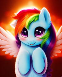 Size: 2048x2560 | Tagged: safe, derpibooru exclusive, imported from derpibooru, rainbow dash, pony, ai content, ai generated, angel, cute, dashabetes, female, fluffy, generator:purplesmart.ai, generator:stable diffusion, looking at you, prompter:avalaz6214, smiling, solo, weapons-grade cute