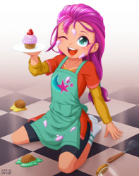 Size: 1000x1269 | Tagged: safe, artist:uotapo, imported from derpibooru, sunny starscout, human, equestria girls, apron, clothes, cupcake, cute, cutie mark on clothes, equestria girls-ified, female, food, frosting, g5, g5 to equestria girls, generation leap, hair tie, jar, kneeling, messy, missing shoes, one eye closed, open mouth, plate, shirt, shorts, socks, solo, stocking feet, strawberry, sunnybetes, tiled floor, undershirt, whisk, younger