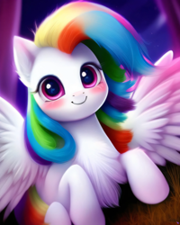 Size: 2048x2560 | Tagged: safe, alternate version, derpibooru exclusive, imported from derpibooru, rainbow dash, pony, ai content, ai generated, blushing, chest fluff, cute, female, fluffy, generator:purplesmart.ai, generator:stable diffusion, looking at you, prompter:avalaz6214, smiling, solo, weapons-grade cute