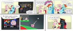 Size: 3999x1742 | Tagged: safe, artist:balileart, imported from derpibooru, fluttershy, rainbow dash, jigglypuff, pegasus, pony, captain falcon, chair, comic, controller, dialogue, eyebrows, eyebrows visible through hair, floppy ears, plushie, pokémon, smiling, smug, super smash bros., video game, wing hands, wings