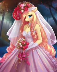 Size: 2048x2560 | Tagged: safe, derpibooru exclusive, imported from derpibooru, fluttershy, anthro, ai content, ai generated, blue eyes, blushing, clothes, cute, dress, female, floppy ears, flower, flower in hair, forest background, generator:purplesmart.ai, generator:stable diffusion, long hair, looking at you, marriage, nature, outdoors, prompter:avalaz6214, rose, ruffles, shyabetes, solo, veil, wedding, wedding dress, wedding veil, white dress