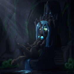 Size: 2000x2000 | Tagged: safe, artist:uteuk, imported from derpibooru, queen chrysalis, changeling, changeling queen, blushing, cave, changeling slime, cute, cutealis, cuteling, drone, duo, female, high res, hive, hug, looking at each other, looking at someone, mommy chrissy, sitting, smiling, throne
