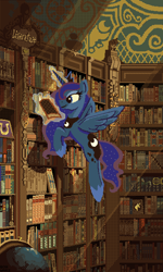 Size: 1536x2560 | Tagged: safe, artist:boxwari, edit, imported from derpibooru, princess luna, alicorn, pony, book, bookshelf, dithering, female, flying, friendship journal, levitation, library, limited palette, magic, mare, pixel art, reading, solo, telekinesis