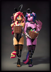 Size: 4000x5656 | Tagged: safe, artist:imafutureguitarhero, imported from derpibooru, sci-twi, sunset shimmer, twilight sparkle, alicorn, anthro, classical unicorn, unguligrade anthro, unicorn, 3d, :i, absurd resolution, adorasexy, arm fluff, arm freckles, basket, border, bowtie, bunny ears, bunny suit, bunny tail, cheek fluff, chest fluff, chest freckles, chin fluff, chromatic aberration, cleavage fluff, clothes, cloven hooves, colored eyebrows, colored eyelashes, corset, costume, cuffs (clothes), cute, dialogue in the description, duo, duo female, ear fluff, ear freckles, easter, easter basket, easter egg, egg, embarrassed, female, film grain, fishnet clothing, fishnet pantyhose, fishnets, floppy ears, fluffy, fluffy hair, fluffy mane, fluffy tail, freckles, fur, gloves, holding, holiday, horn, latex, latex clothes, latex corset, latex stockings, leg fluff, leg freckles, leonine tail, leotard, lesbian, long hair, long mane, looking at each other, looking at someone, mare, matching outfits, multicolored hair, multicolored mane, multicolored tail, nervous, nose wrinkle, outfit, paintover, partially open wings, peppered bacon, playboy bunny, revamped anthros, revamped ponies, scitwilicorn, scitwishimmer, see-through, sexy, shadow, shiny, shipping, shoulder fluff, shoulder freckles, signature, sleeveless, smiling, socks, source filmmaker, stockings, sunsetsparkle, tail, thigh highs, thigh squish, twiabetes, twilight sparkle (alicorn), unshorn fetlocks, unsure, varying degrees of amusement, wall of tags, wings