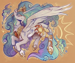 Size: 1900x1600 | Tagged: safe, artist:beetlegoblin, imported from derpibooru, princess celestia, alicorn, classical unicorn, pony, beard, cloven hooves, facial hair, female, goatee, jewelry, leonine tail, smiling, solo, unshorn fetlocks, wings