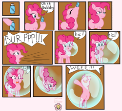 Size: 939x851 | Tagged: safe, artist:sakurakitune, imported from derpibooru, pinkie pie, earth pony, pony, blowing bubbles, bubble, bubble solution, burp, comic, drinking, female, hiccup, in bubble, mare, pinkie being pinkie, pinkie pie trapped in a bubble, soap bubble, trapped