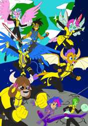 Size: 748x1069 | Tagged: safe, artist:jmkplover, artist:spiders123, imported from derpibooru, gallus, ocellus, sandbar, silverstream, smolder, twilight sparkle, yona, oc, oc:ullr, anthro, changedling, changeling, classical hippogriff, dragon, earth pony, griffon, hippogriff, human, yak, school daze, collaboration, crossover, dragoness, fanfic art, female, humanized, marvel, marvel comics, moon, space, spider-man, twilight sparkle (alicorn), x-men, x-men: first class