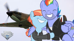 Size: 1920x1080 | Tagged: safe, artist:dashiesparkle, artist:edy_january, imported from derpibooru, bow hothoof, windy whistles, pegasus, pony, air force, clothes, cloudsdale, female, fighter, flying, husband and wife, jacket, male, military, pilot, plane, shirt, sky, supermarine spitfire, t-shirt, united states, vector used, warplane, world of warplanes, world war ii