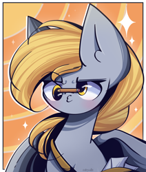 Size: 1950x2300 | Tagged: safe, artist:miryelis, imported from derpibooru, derpy hooves, pegasus, pony, background pony, bag, big ears, blushing, bust, duckface, letter, pencil, short hair, signature, simple background, solo, sparkles, wings