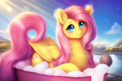 Size: 3072x2048 | Tagged: safe, derpibooru exclusive, imported from derpibooru, fluttershy, pegasus, pony, ai content, ai generated, bath, blushing, cute, female, fluffy, generator:purplesmart.ai, generator:stable diffusion, looking at you, outdoors, prompter:avalaz6214, shyabetes, smiling, solo