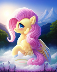 Size: 2048x2560 | Tagged: safe, derpibooru exclusive, imported from derpibooru, fluttershy, pegasus, pony, ai content, ai generated, bath, blushing, cute, female, fluffy, generator:purplesmart.ai, generator:stable diffusion, looking at you, outdoors, prompter:avalaz6214, shyabetes, smiling, solo