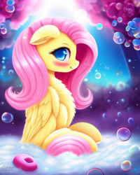 Size: 2048x2560 | Tagged: safe, derpibooru exclusive, imported from derpibooru, fluttershy, pegasus, pony, ai content, ai generated, bath, blushing, bubble, cute, female, fluffy, generator:purplesmart.ai, generator:stable diffusion, looking at you, outdoors, prompter:avalaz6214, shyabetes, smiling, solo
