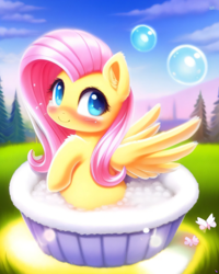 Size: 2048x2560 | Tagged: safe, derpibooru exclusive, imported from derpibooru, fluttershy, pegasus, pony, ai content, ai generated, bath, blushing, bubble, cute, female, fluffy, generator:purplesmart.ai, generator:stable diffusion, looking at you, outdoors, prompter:avalaz6214, shyabetes, smiling, solo, weapons-grade cute