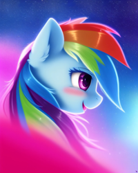 Size: 2048x2560 | Tagged: safe, derpibooru exclusive, imported from derpibooru, rainbow dash, pony, ai content, ai generated, blushing, bust, cute, female, generator:purplesmart.ai, generator:stable diffusion, portrait, prompter:avalaz6214, smiling, solo