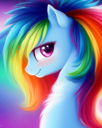Size: 2048x2560 | Tagged: safe, derpibooru exclusive, imported from derpibooru, rainbow dash, pony, ai content, ai generated, blushing, bust, cute, female, fluffy, generator:purplesmart.ai, generator:stable diffusion, looking at you, portrait, prompter:avalaz6214, smiling, solo
