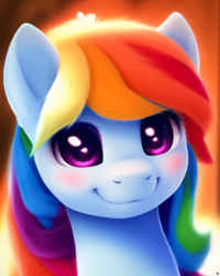 Size: 2048x2560 | Tagged: safe, derpibooru exclusive, imported from derpibooru, rainbow dash, pony, ai content, ai generated, blushing, bust, cute, female, generator:purplesmart.ai, generator:stable diffusion, looking at you, portrait, prompter:avalaz6214, smiling, solo