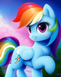 Size: 2048x2560 | Tagged: safe, derpibooru exclusive, imported from derpibooru, rainbow dash, pegasus, pony, ai content, ai generated, blushing, cute, female, generator:purplesmart.ai, generator:stable diffusion, looking at you, outdoors, prompter:avalaz6214, smiling, solo