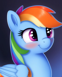 Size: 2048x2560 | Tagged: safe, derpibooru exclusive, imported from derpibooru, rainbow dash, pegasus, pony, ai content, ai generated, blushing, bust, cute, female, generator:purplesmart.ai, generator:stable diffusion, portrait, prompter:avalaz6214, smiling, solo