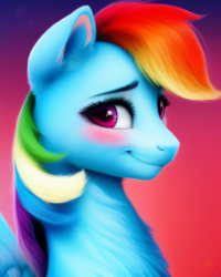 Size: 2048x2560 | Tagged: safe, derpibooru exclusive, imported from derpibooru, rainbow dash, pegasus, pony, ai content, ai generated, blushing, bust, cute, detailed, female, generator:purplesmart.ai, generator:stable diffusion, portrait, prompter:avalaz6214, smiling, solo