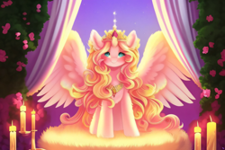 Size: 3072x2048 | Tagged: safe, derpibooru exclusive, imported from derpibooru, pony, ai content, ai generated, crown, cute, female, generator:purplesmart.ai, generator:stable diffusion, jewelry, large wings, long hair, looking at you, princess, prompter:avalaz6214, regalia, smiling, solo, wings