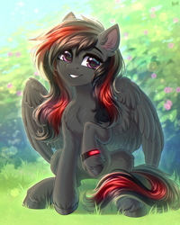 Size: 2300x2875 | Tagged: safe, artist:hakaina, imported from derpibooru, oc, pegasus, pony, belly, belly fluff, blurry background, chest fluff, colored, commission, concave belly, cute, depth of field, ear fluff, fluffy, grass, grin, head tilt, high res, hoofband, leg fluff, lighting, looking at you, ocbetes, partially open wings, pink eyes, raised hoof, shading, sitting, slim, smiling, smiling at you, solo, teeth, thin, unshorn fetlocks, wings, wristband, ych result