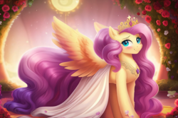 Size: 3072x2048 | Tagged: safe, derpibooru exclusive, imported from derpibooru, fluttershy, pegasus, pony, ai content, ai generated, blushing, clothes, crown, cute, female, generator:purplesmart.ai, generator:stable diffusion, indoors, jewelry, large wings, long hair, long mane, long tail, looking at you, princess, prompter:avalaz6214, regalia, shyabetes, smiling, solo, spread wings, tail, wings