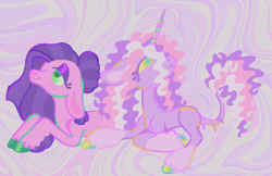 Size: 1280x830 | Tagged: safe, artist:webkinzworldz, imported from derpibooru, kimono, wysteria, earth pony, pony, unicorn, duo, g3, leonine tail, tail, unshorn fetlocks