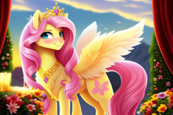 Size: 3072x2048 | Tagged: safe, derpibooru exclusive, imported from derpibooru, fluttershy, pegasus, pony, ai content, ai generated, blushing, crown, cute, female, flower, generator:purplesmart.ai, generator:stable diffusion, indoors, jewelry, long hair, looking at you, naughty, princess, prompter:avalaz6214, regalia, shyabetes, smiling, solo, spread wings, wings